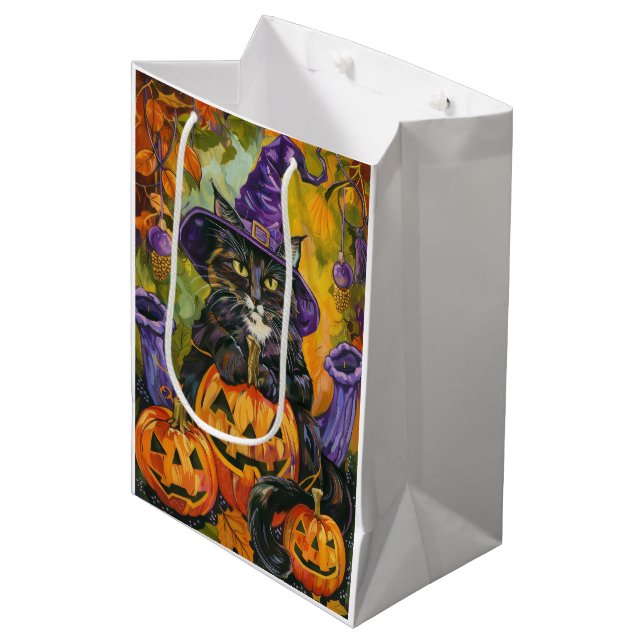 Spooky Tuxedo Cat Halloween Witch And Pumpkin Medium Gift Bag (Front Angled)