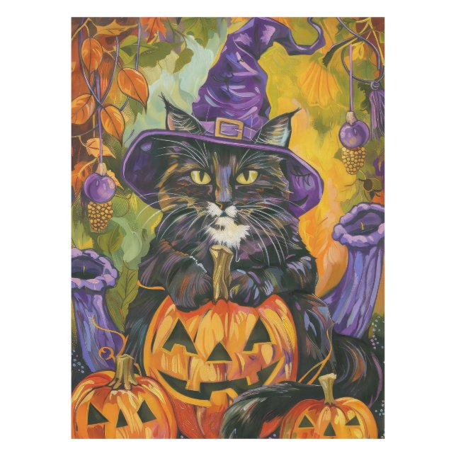 Spooky Tuxedo Cat Halloween Witch And Pumpkin Tablecloth (Front)