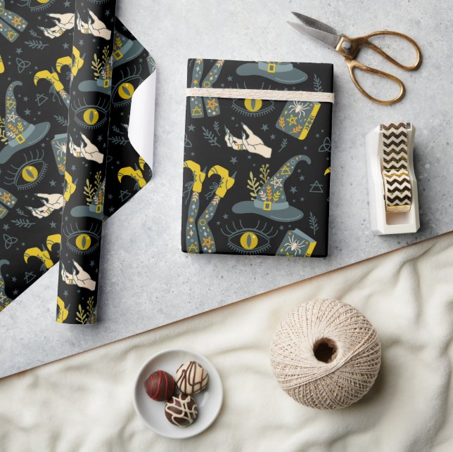 Spooky vibe colourful halloween symbols pattern wrapping paper (Crafts)