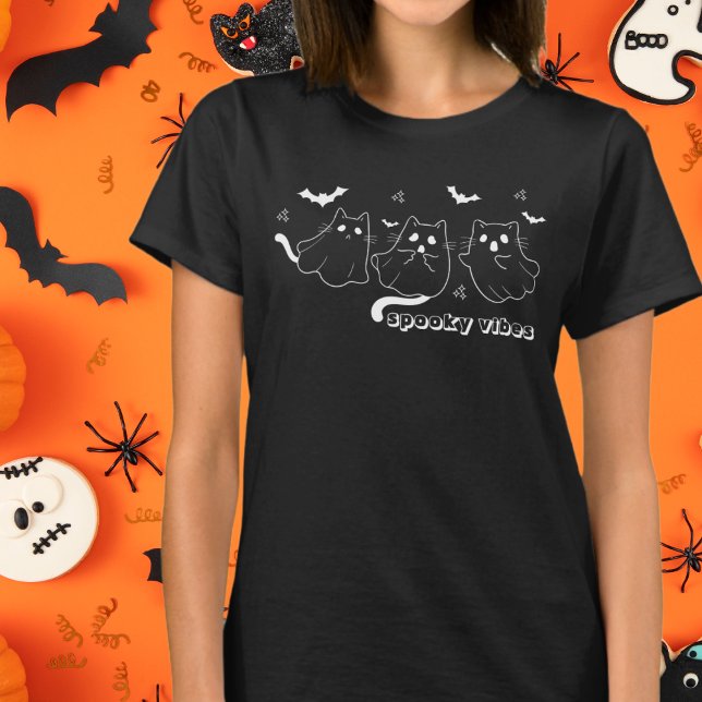 Spooky Vibes Cat Ghosts Black and White T-Shirt (Creator Uploaded)