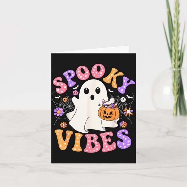 Spooky vibes cute ghost jack o lantern retro card (Front)