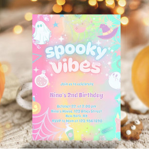 Spooky Vibes Cute Pink Neon Pastel Halloween Bday Invitation