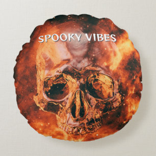 Spooky Vibes. Flaming skull in space Round Pillow