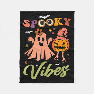 Spooky Vibes Ghost And Pumpkin Halloween Funny Fleece Blanket