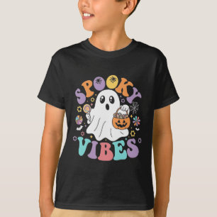 Spooky Vibes Ghost Retro Groovy Halloween Kids Gir T-Shirt