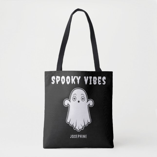 Spooky Vibes Ghost With Custom Name Black White Tote Bag (Front)