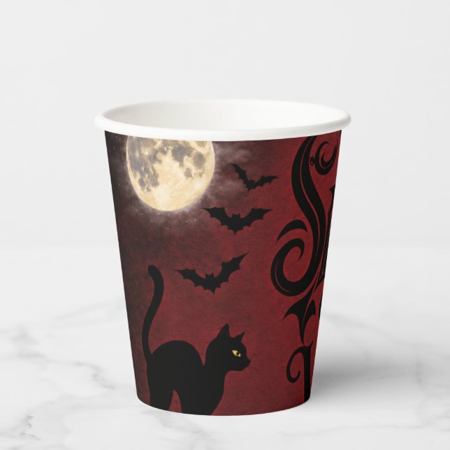 Spooky Vibes Gothic Halloween Moon Bats Paper Cups (Front)
