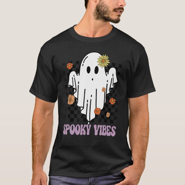 Spooky Vibes Groovy Flower Ghost Halloween Spooky  T-Shirt (Front)