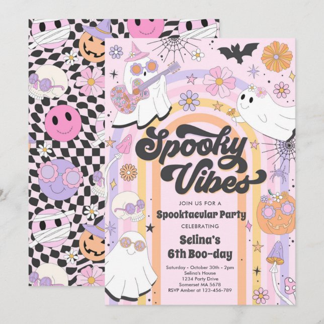 Spooky Vibes Halloween Cute Groovy Ghost Birthday  Invitation (Front/Back)