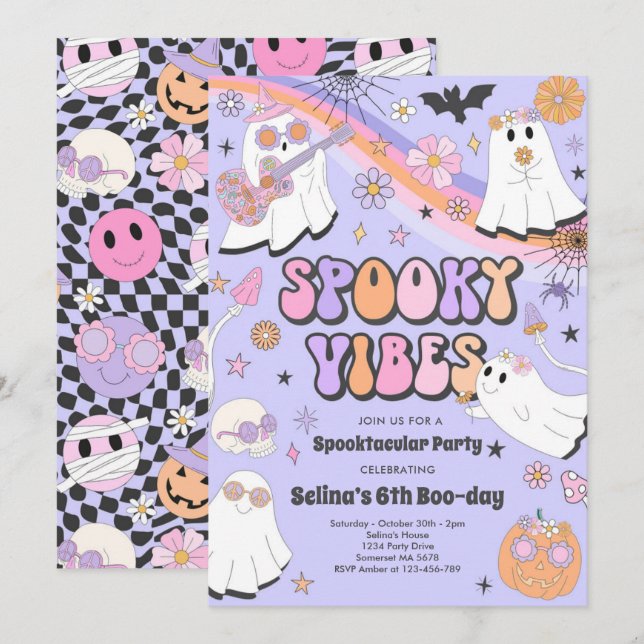 Spooky Vibes Halloween Cute Groovy Ghost Birthday Invitation (Front/Back)