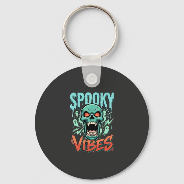Spooky Vibes Halloween Ghost Skull Design_1 Keychain (Front)