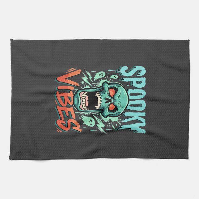 Spooky Vibes Halloween Ghost Skull Design_1 Kitchen Towel (Horizontal)