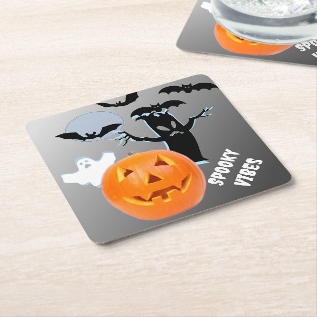 Spooky Vibes in Haunted White Font Square Paper Coaster (Angled)