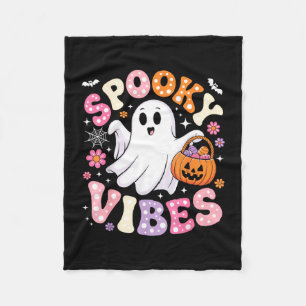 Spooky vibes pink ghost retro halloween groovy fleece blanket