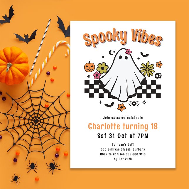Spooky Vibes Retro Ghost Halloween Birthday Party Invitation (Creator Uploaded)