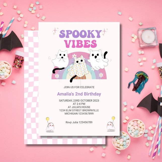 Spooky Vibes Retro Halloween Ghost Birthday Invitation (Creator Uploaded)