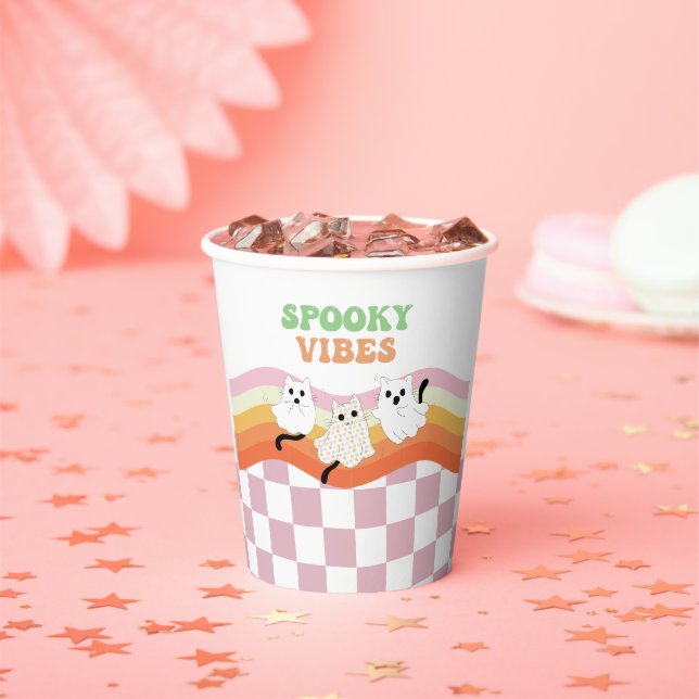 Spooky Vibes Retro Halloween Ghost Birthday Paper Cups (Insitu)