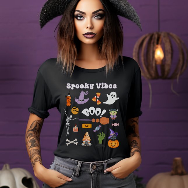 Spooky Vibes Retro Halloween Skeleton Ghost Boo T-Shirt (Creator Uploaded)