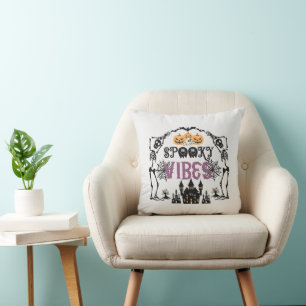 Spooky Vibes Skeletons Bats Skulls Grey Halloween Throw Pillow