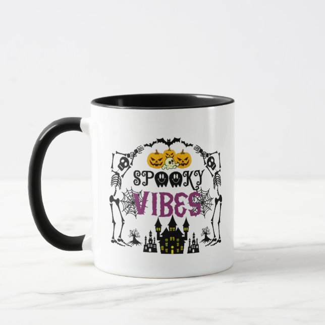 Spooky Vibes Skeletons Skulls Spiderwebs Halloween Mug (Left)
