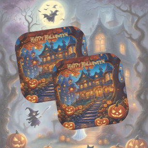 Spooky villa in the forest, pumpkins, Halloween Paper Plate