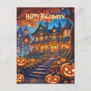 Spooky villa in the forest, pumpkins, Halloween Postcard