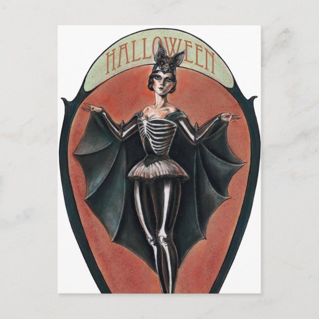 Spooky Vintage Halloween lady postcard (Front)