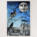 Spooky Vintage Haunted House & Witch on Broomstick Jigsaw Puzzle<br><div class="desc">Spooky Halloween collage featuring witch on her broomstick with black cat flying on a dark moonlit night with haunted house and graveyard below and spider web and bats above.</div>