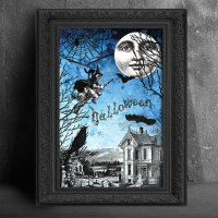 Spooky Vintage Haunted House & Witch on Broomstick