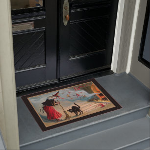 Spooky Vintage Witch with Black Cat and Devils Doormat
