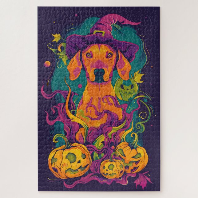 Spooky Vizsla Dog Halloween Witch And Pumpkin Jigsaw Puzzle (Vertical)