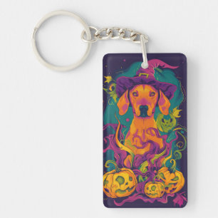 Spooky Vizsla Dog Halloween Witch And Pumpkin Keychain