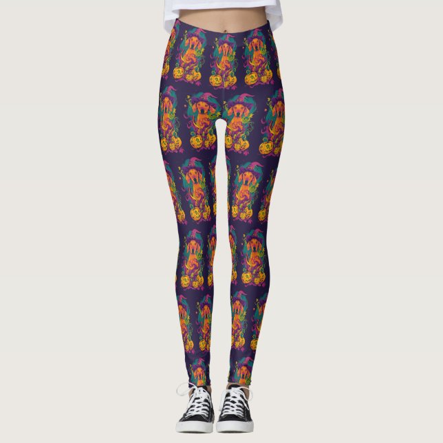 Spooky Vizsla Dog Halloween Witch And Pumpkin Leggings (Front)
