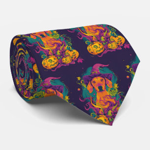 Spooky Vizsla Dog Halloween Witch And Pumpkin Tie