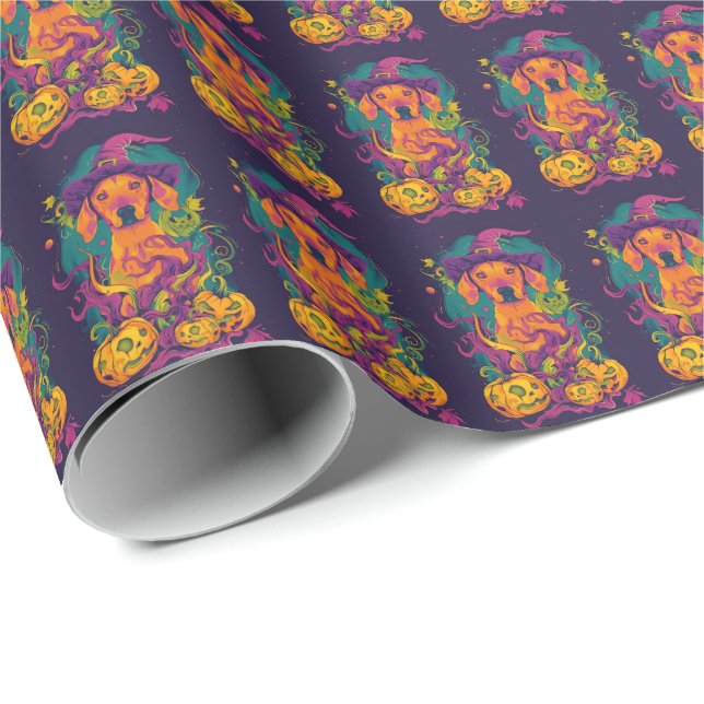 Spooky Vizsla Dog Halloween Witch And Pumpkin Wrapping Paper (Roll Corner)