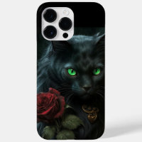 SPOOKY WATERCOLOR BLACK CAT WITH SINGLE RED ROSE