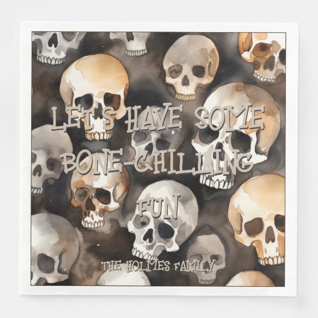Spooky Watercolor Skulls Halloween Monogram Napkin (Front)