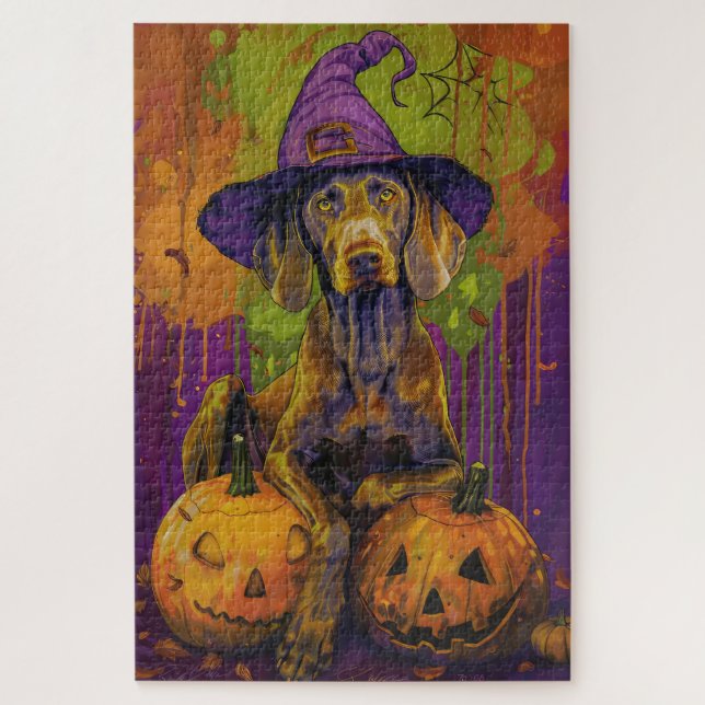 Spooky Weimaraner Dog Halloween Witch And Pumpkin  Jigsaw Puzzle (Vertical)