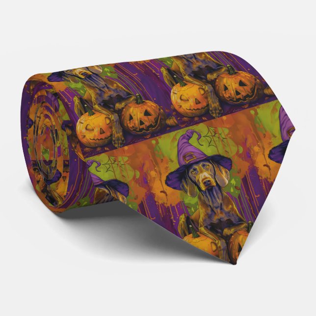 Spooky Weimaraner Dog Halloween Witch And Pumpkin  Tie (Rolled)