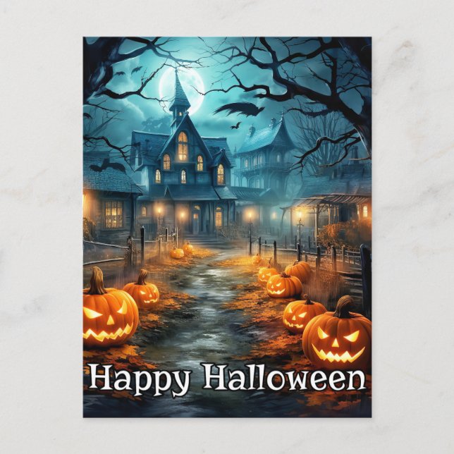 Spooky Well-lit Nefarious Pumpkin Happy Halloween Postcard (Front)