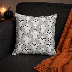 Spooky White Ghost Pattern Light Grey Throw Pillow