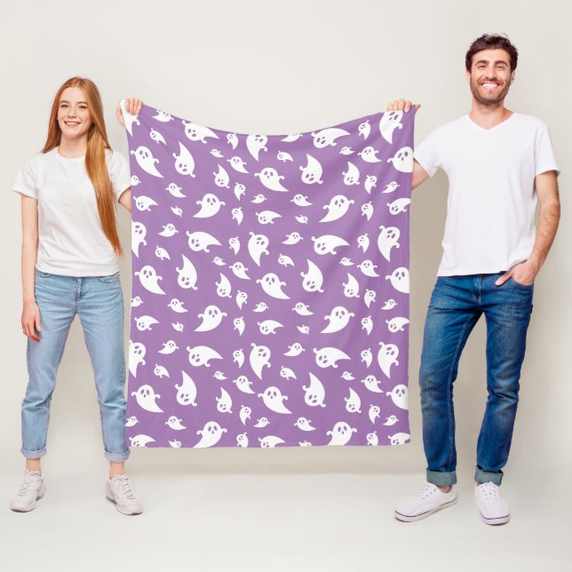 Spooky White Ghosts Pattern On Purple Halloween Fleece Blanket (In Situ)
