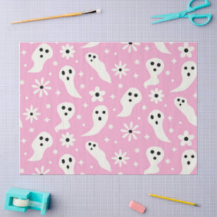 Spooky White Ghosts with Retro Flowers on Pink  Tissue Paper