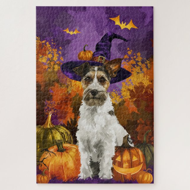 Spooky Wirefox Terrier Dog Halloween Witch Pumpkin Jigsaw Puzzle (Vertical)