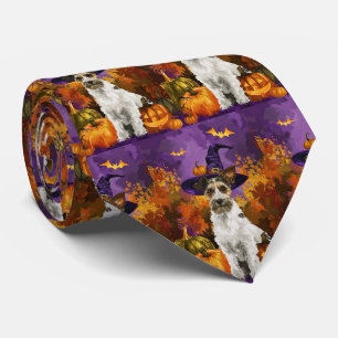 Spooky Wirefox Terrier Dog Halloween Witch Pumpkin Tie