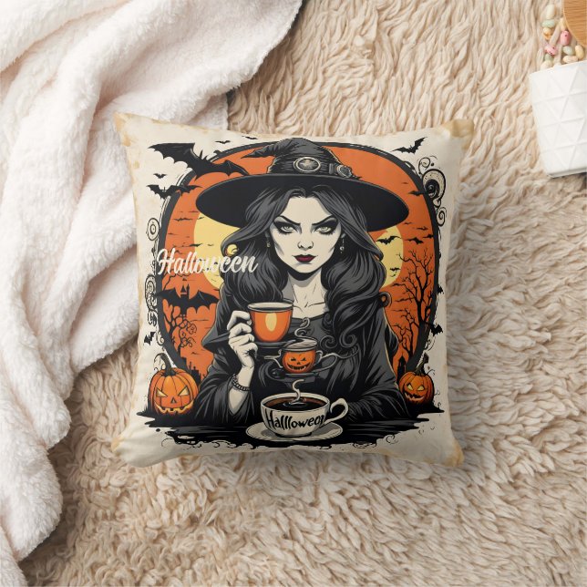 Spooky witch brewing potions on Halloween night Throw Pillow (Blanket)