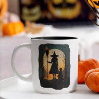 Spooky Witch Cat Broom Glowing Moon Halloween
