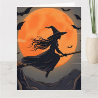 Spooky Witch Flying Broomstick Orange Full Moon