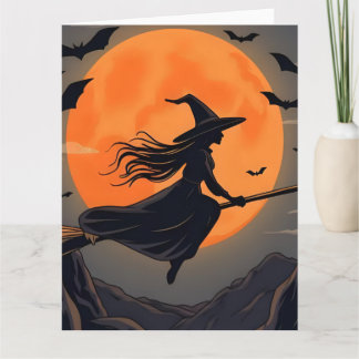Spooky Witch Flying Broomstick Orange Full Moon Card
