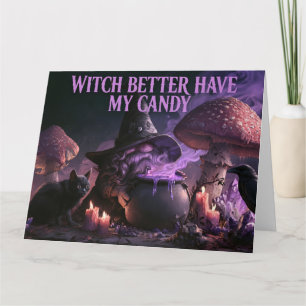 Spooky Witch Gnome Brewing Potion With Black Cat Card